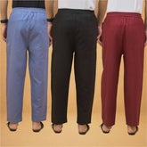 Combo of 3 Men Solid Cotton Flex Pant Black Maroon and Sky Blue