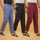 Combo of 3 Men Solid Cotton Flex Pant Black Maroon and Sky Blue