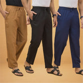 Combo of 3 Men Solid Cotton Flex Pant Black Navy Blue and Brown