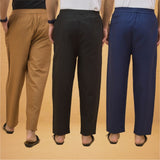 Combo of 3 Men Solid Cotton Flex Pant Black Navy Blue and Brown
