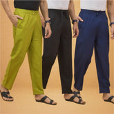 Combo of 3 Men Solid Cotton Flex Pant Black Navy Blue and Olive Green