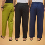 Combo of 3 Men Solid Cotton Flex Pant Black Navy Blue and Olive Green