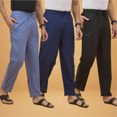 Combo of 3 Men Solid Cotton Flex Pant Black Navy Blue and Sky Blue