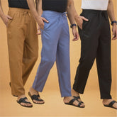Combo of 3 Men Solid Cotton Flex Pant Black Sky Blue and Brown