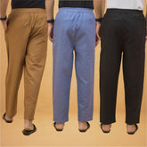 Combo of 3 Men Solid Cotton Flex Pant Black Sky Blue and Brown