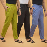 Combo of 3 Men Solid Cotton Flex Pant Black Sky Blue and Olive Green