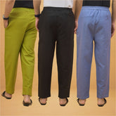 Combo of 3 Men Solid Cotton Flex Pant Black Sky Blue and Olive Green