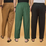 Combo of 3 Men Solid Cotton Flex Pant Bottle Green Black and Brown