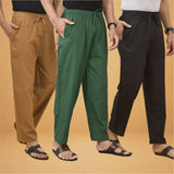Combo of 3 Men Solid Cotton Flex Pant Bottle Green Black and Brown