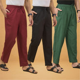 Combo of 3 Men Solid Cotton Flex Pant Bottle Green Black and Maroon