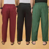 Combo of 3 Men Solid Cotton Flex Pant Bottle Green Black and Maroon