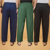 Combo of 3 Men Solid Cotton Flex Pant Bottle Green Black and Navy Blue