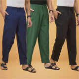 Combo of 3 Men Solid Cotton Flex Pant Bottle Green Black and Navy Blue