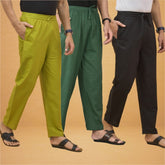 Combo of 3 Men Solid Cotton Flex Pant Bottle Green Black and Olive