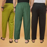 Combo of 3 Men Solid Cotton Flex Pant Bottle Green Black and Olive