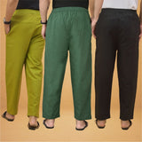 Combo of 3 Men Solid Cotton Flex Pant Bottle Green Black and Olive