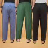 Combo of 3 Men Solid Cotton Flex Pant Bottle Green Black and Sky Blue