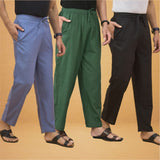 Combo of 3 Men Solid Cotton Flex Pant Bottle Green Black and Sky Blue