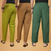Combo of 3 Men Solid Cotton Flex Pant Bottle Green Brown and Olive