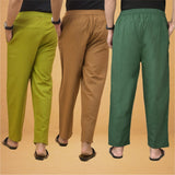 Combo of 3 Men Solid Cotton Flex Pant Bottle Green Brown and Olive
