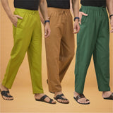 Combo of 3 Men Solid Cotton Flex Pant Bottle Green Brown and Olive