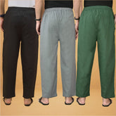 Combo of 3 Men Solid Cotton Flex Pant Bottle Green Gray and Black