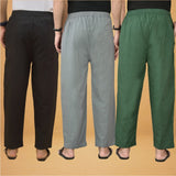 Combo of 3 Men Solid Cotton Flex Pant Bottle Green Gray and Black