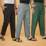 Combo of 3 Men Solid Cotton Flex Pant Bottle Green Gray and Black