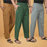 Combo of 3 Men Solid Cotton Flex Pant Bottle Green Gray and Brown