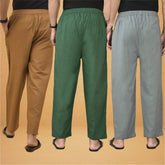 Combo of 3 Men Solid Cotton Flex Pant Bottle Green Gray and Brown