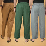Combo of 3 Men Solid Cotton Flex Pant Bottle Green Gray and Brown