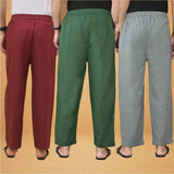 Combo of 3 Men Solid Cotton Flex Pant Bottle Green Gray and Maroon