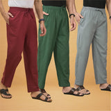 Combo of 3 Men Solid Cotton Flex Pant Bottle Green Gray and Maroon