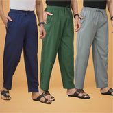Combo of 3 Men Solid Cotton Flex Pant Bottle Green Gray and Navy Blue