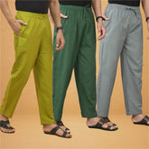Combo of 3 Men Solid Cotton Flex Pant Bottle Green Gray and Olive Green