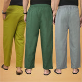 Combo of 3 Men Solid Cotton Flex Pant Bottle Green Gray and Olive Green