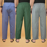 Combo of 3 Men Solid Cotton Flex Pant Bottle Green Gray and Sky Blue