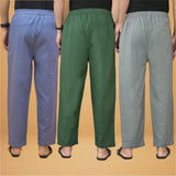 Combo of 3 Men Solid Cotton Flex Pant Bottle Green Gray and Sky Blue