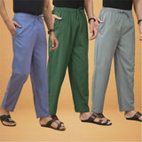 Combo of 3 Men Solid Cotton Flex Pant Bottle Green Gray and Sky Blue