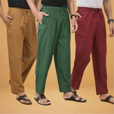 Combo of 3 Men Solid Cotton Flex Pant Bottle Green Maroon and Brown