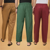 Combo of 3 Men Solid Cotton Flex Pant Bottle Green Maroon and Brown