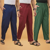 Combo of 3 Men Solid Cotton Flex Pant Bottle Green Maroon and Navy Blue