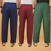 Combo of 3 Men Solid Cotton Flex Pant Bottle Green Maroon and Navy Blue