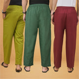 Combo of 3 Men Solid Cotton Flex Pant Bottle Green Maroon and Olive