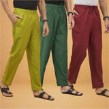Combo of 3 Men Solid Cotton Flex Pant Bottle Green Maroon and Olive