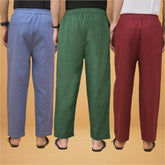 Combo of 3 Men Solid Cotton Flex Pant Bottle Green Maroon and Sky Blue