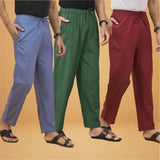 Combo of 3 Men Solid Cotton Flex Pant Bottle Green Maroon and Sky Blue