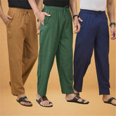 Combo of 3 Men Solid Cotton Flex Pant Bottle Green Navy Blue and Brown
