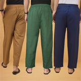 Combo of 3 Men Solid Cotton Flex Pant Bottle Green Navy Blue and Brown