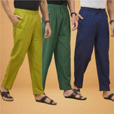 Combo of 3 Men Solid Cotton Flex Pant Bottle Green Navy Blue and Olive